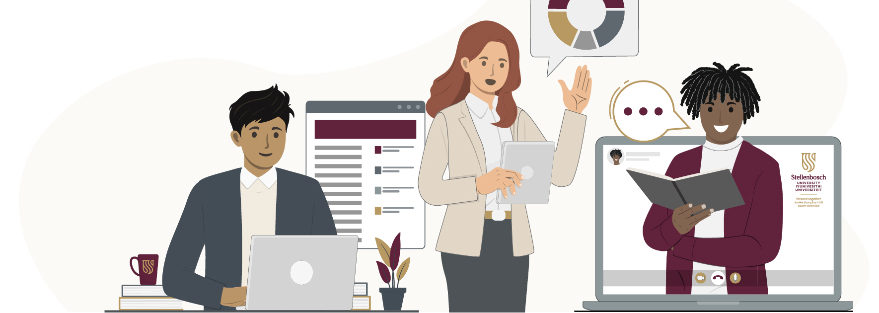 A graphic showing three persons one using a laptop, a female standing while holding a tablet and a male reading a book.