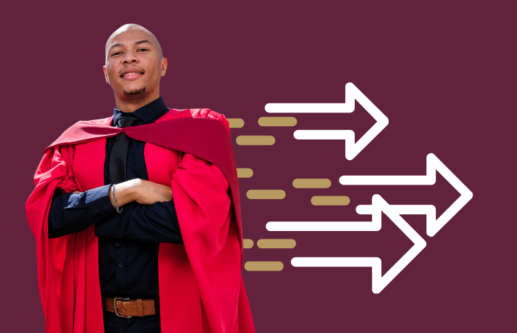 Image of doctoral student graduating, along with arrows representing an acceleration.
