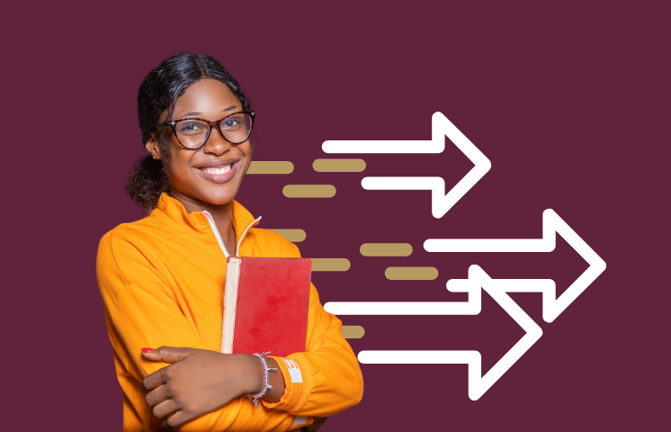 Picture of student standing with book with backdrop of arrows pointing forward. 