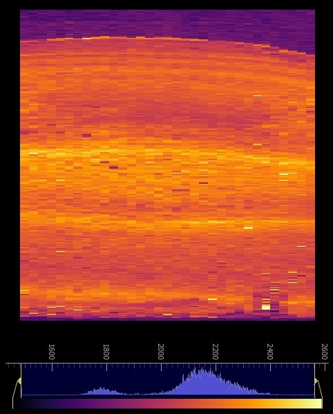 Elemental map of the isotope strontium (Sr) from dinosaur eggshell collected from Teel Ulaan Chaltsai, Eastern Gobi Basin.  Elemental maps were used by the researchers to evaluate if the uptake of strontium (Sr) was uniformly distributed across the eggshell. A uniform distribution indicates that uptake of this and other isotopes occurred after burial but prior to fossilization.