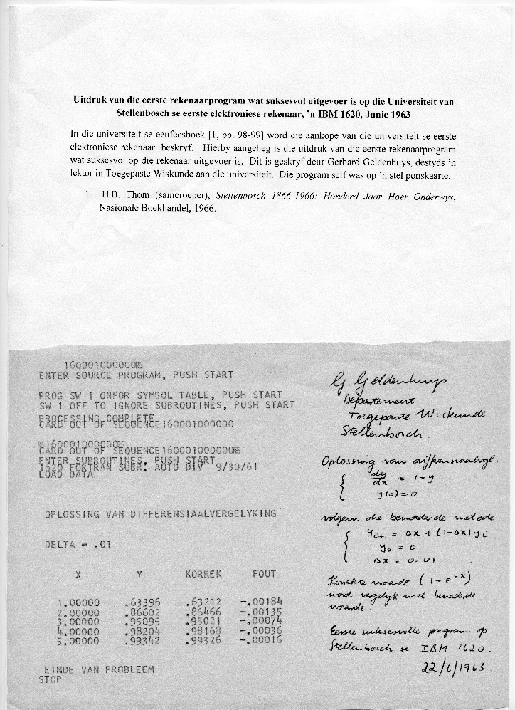 Print-out of the first computer programme performed on the University's first electronic computer, an IBM 1620.