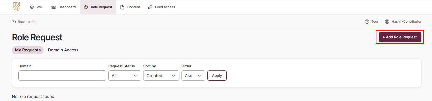 Role request landing page and add role request