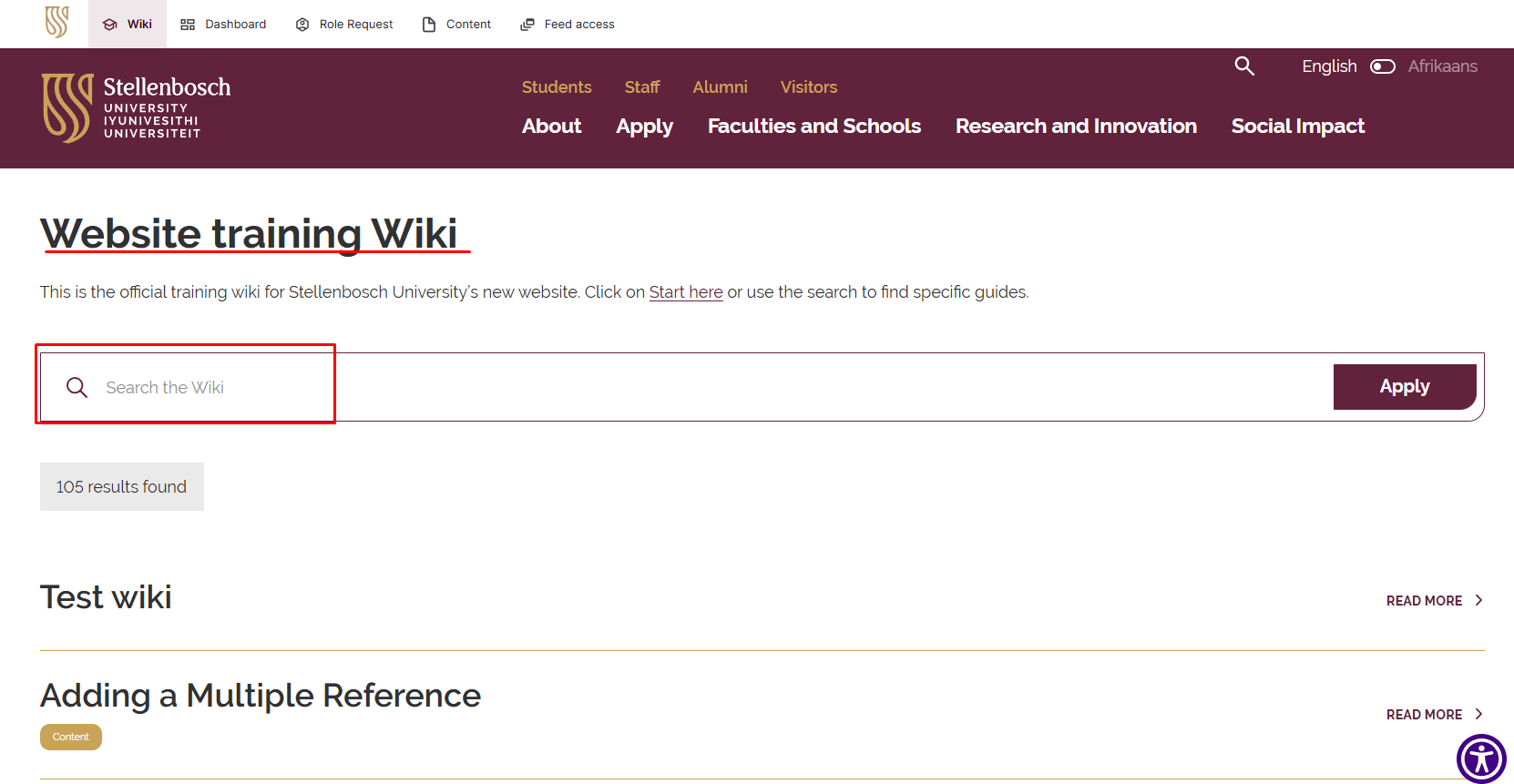 Wiki landing page and search