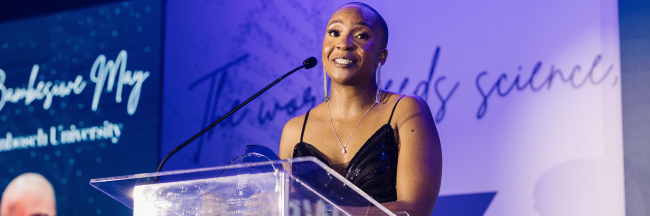 Dr Bambesiwe May photographed receiving the L’Oréal-UNESCO For Women in Science Award in Sandton, Johannesburg.  