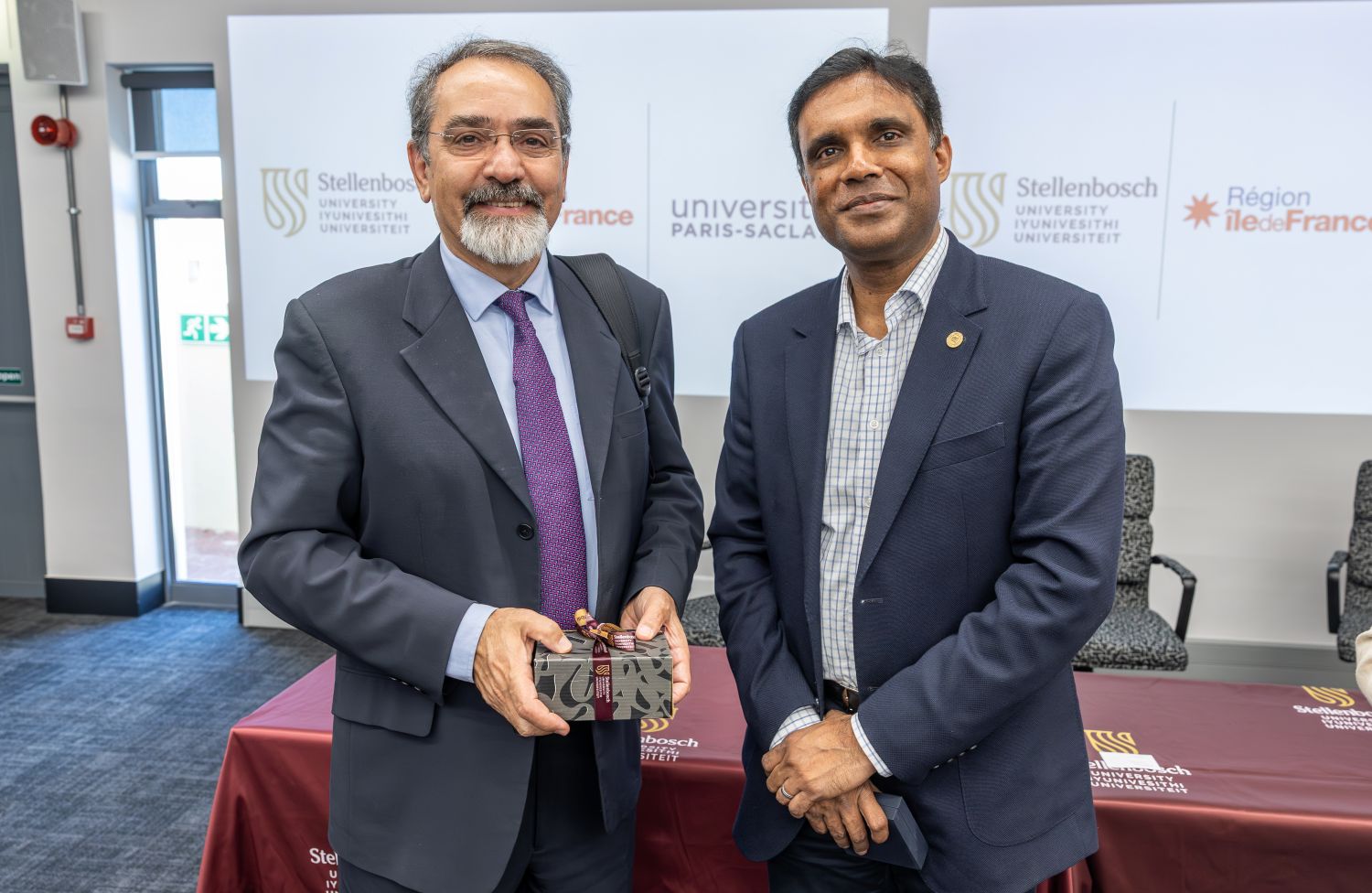 Prof Mehran Mostafavi, Vice-President for Research at Paris-Saclay University with SU Rector and Vice-Chancellor, Prof Deresh Ramjugernath