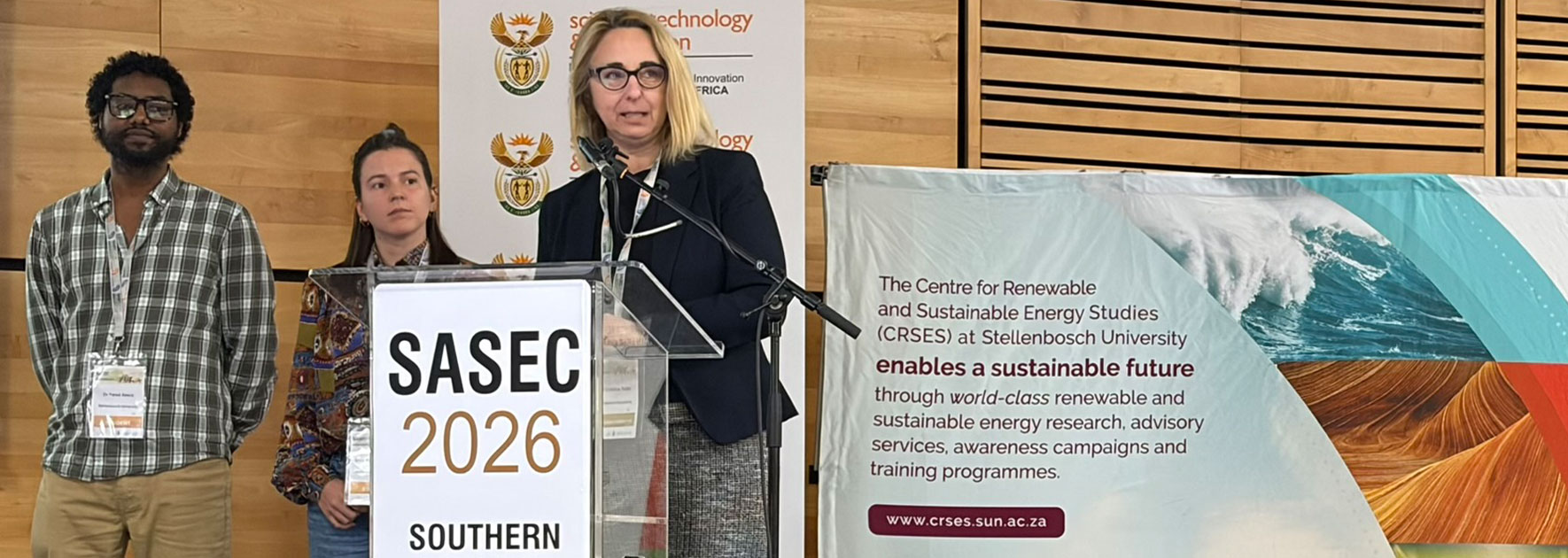 Prof Cristina Trois, Director of Stellenbosch University’s Centre for Renewable and Sustainable Energy Studies, presents research on unlocking value from vine waste at the Southern African Sustainable Energy Conference 2026. With her are co-authors Dr Yared Abera (left) and Martina Mariani. Picture: Desmond Thompson