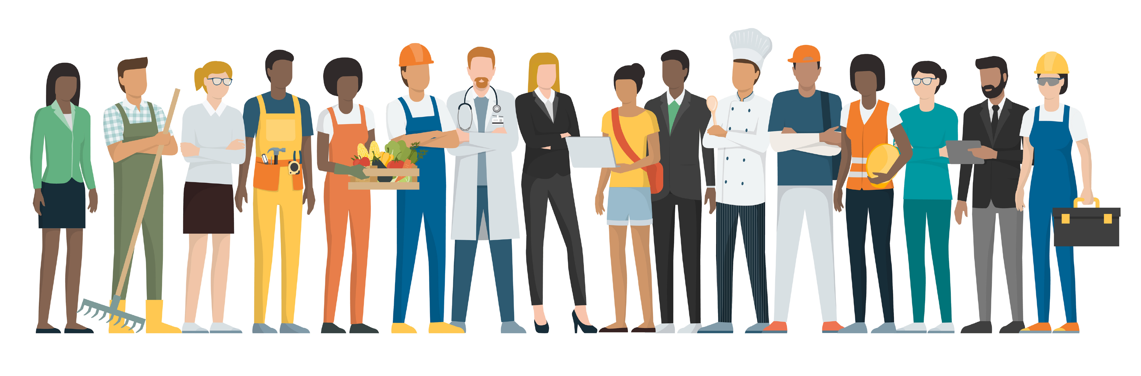 An illustration of young people of different ethnicities showcasing different jobs.