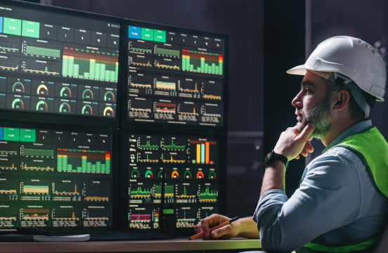 Man with hard hat in front of screens