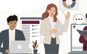 A graphic showing three persons one using a laptop, a female standing while holding a tablet and a male reading a book.