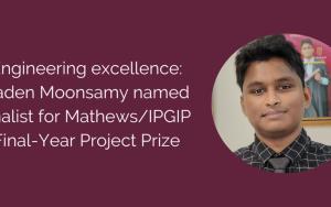 Kaden Moonsamy, a 2024 Stellenbosch University BEng Chemical Engineering graduate (cum laude), has recently been named a national finalist for the Mathews/IPGIP Prize for the best final-year engineering project. His project, “Dynamic Bioprocess Analysis of Rhodopseudomonas palustris Light, Temperature, and Glycerol-Dependent Biohydrogen Production,” focused on developing a model to predict the amount of hydrogen a specific bacterium can produce under varying environmental conditions, such as light intensity