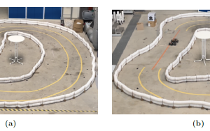 Fig 2: Images of the test set-up with the real vehicle for both (a) real track 1 and (b) real track 2.