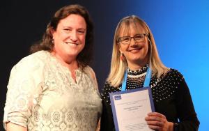 Dr Sue Purchase accepts the Karel Styblo Public Health Prize on behalf of the Desmond Tutu TB Centre.