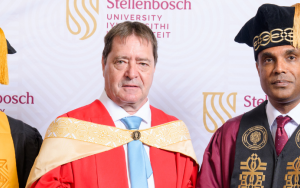 Colin Deiner photographed with Profs Wikus van Niekerk (Faculty of Engineering) and Deresh Ramjugernath (Rector and Vice-Chancellor) at graduation ceremony where he was awarded the an honorary doctorate.