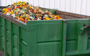 Mix vegetables and fruits in a huge green rubbish container 