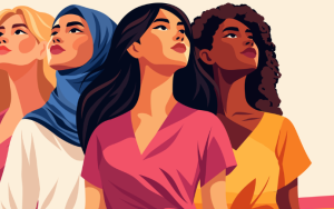 A horizontal vector banner of women of different skin colours and nationalities standing together, looking up.
