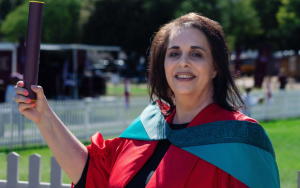 Dr Retha Smit photographed outside the Coetzenburg Centre after she received her PhD.