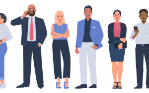 An illustration of multiethnic men and women of different ages and races in office attire on a white background.