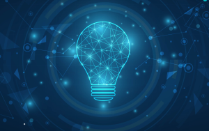 A vector circle tech with light blue and lamp bulb on technology background.