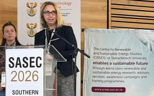 Prof Cristina Trois, Director of Stellenbosch University’s Centre for Renewable and Sustainable Energy Studies, presents research on unlocking value from vine waste at the Southern African Sustainable Energy Conference 2026. With her are co-authors Dr Yared Abera (left) and Martina Mariani. Picture: Desmond Thompson