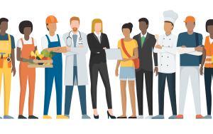 An illustration of young people of different ethnicities showcasing different jobs.