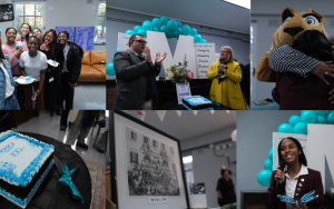 Collage of photos taken at the Monica Residence 100th birthday celebration showing the birthday cake, current students taking photos, the Prim Sade George, residence staff, and the Dean of Students and Acting Chief Operating Officer at SU.