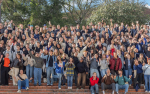 A Group photo of over 150 international students on the Library steps during the winter welcoming programme 