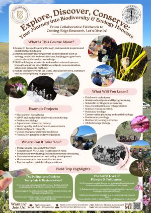 A poster showing field work pictures and text describing what the BDE honours course entails