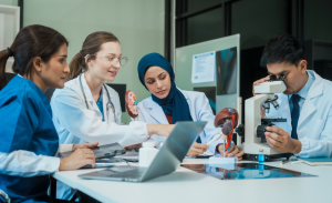 A diverse group of healthcare professionals, including doctors, nurses, and specialists