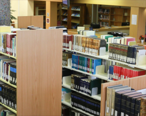 Book shelves inside Theology Library