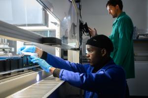 Postgraduate students in the Department of Microbiology operating the automated biofoundry