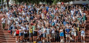 Group of international students on the library steps 