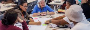 Dr. Gill Black explaining the details of context mapping to attendees during a workshop at the Creative Research Methods session