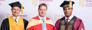 Colin Deiner photographed with Profs Wikus van Niekerk (Faculty of Engineering) and Deresh Ramjugernath (Rector and Vice-Chancellor) at graduation ceremony where he was awarded the an honorary doctorate.