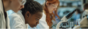 Three women scientists working in a laboratory with one of them looking at a microscope.