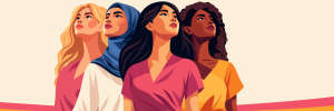 A horizontal vector banner of women of different skin colours and nationalities standing together, looking up.