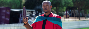 Dr Luphiwo Mduzana photographed outside the Coetzenburg Centre after he received his PhD.