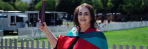 Dr Retha Smit photographed outside the Coetzenburg Centre after she received her PhD.