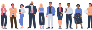 An illustration of multiethnic men and women of different ages and races in office attire on a white background.