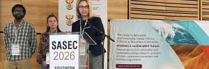 Prof Cristina Trois, Director of Stellenbosch University’s Centre for Renewable and Sustainable Energy Studies, presents research on unlocking value from vine waste at the Southern African Sustainable Energy Conference 2026. With her are co-authors Dr Yared Abera (left) and Martina Mariani. Picture: Desmond Thompson