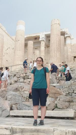 Ursula Westwood standing on the steps to the Parthenon in Athens