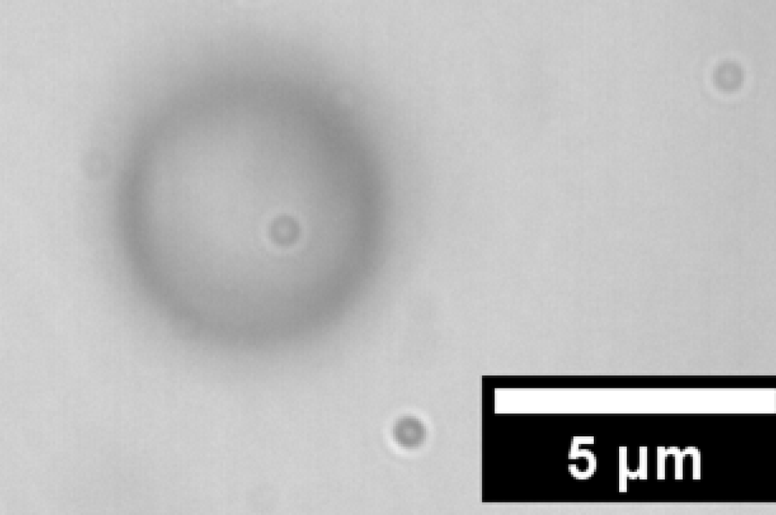 Image of microscopically small water droplet held mid-air in an optical trap