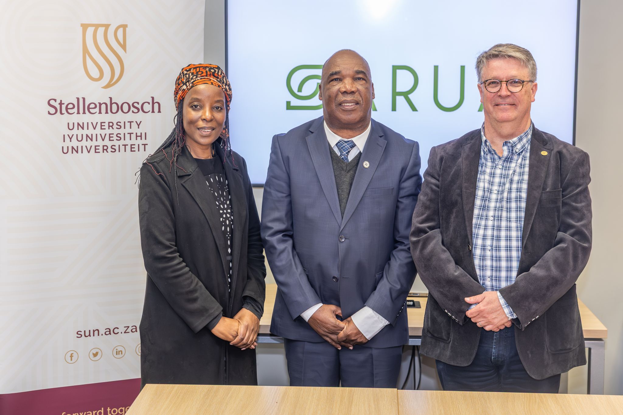 Prof Sibusiso Moyo, Prof Steohen Simukanga, and Dr Nico Elema at the official launch of the SARUA Operations Office at SU.